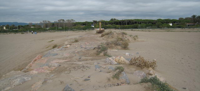 Imatge del sonòmetre d'AENA ubicat a l'antic càmping "La Ballena Alegre" en línia recta amb l'espigó de la platja